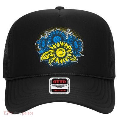 Ukrainian Flag Colors Sunflowers Stand With Ukraine High Crown Mesh Back Trucker Hat