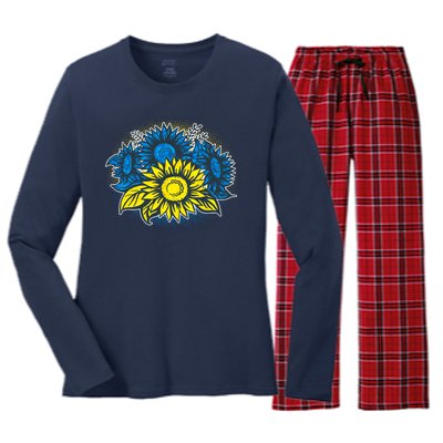 Ukrainian Flag Colors Sunflowers Stand With Ukraine Women's Long Sleeve Flannel Pajama Set 