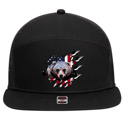 Us Flag Claw Grizzly Bear Patriotic Hunting Gift 7 Panel Mesh Trucker Snapback Hat