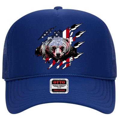 Us Flag Claw Grizzly Bear Patriotic Hunting Gift High Crown Mesh Back Trucker Hat