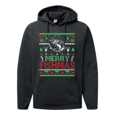 Ugly FISHING Christmas Bass Fish Apparel Merry Fishmas. Performance Fleece Hoodie