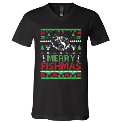 Ugly FISHING Christmas Bass Fish Apparel Merry Fishmas. V-Neck T-Shirt