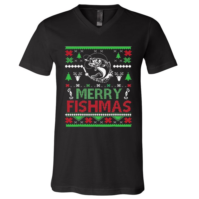 Ugly FISHING Christmas Bass Fish Apparel Merry Fishmas. V-Neck T-Shirt