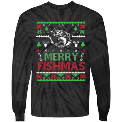 Ugly FISHING Christmas Bass Fish Apparel Merry Fishmas. Tie-Dye Long Sleeve Shirt