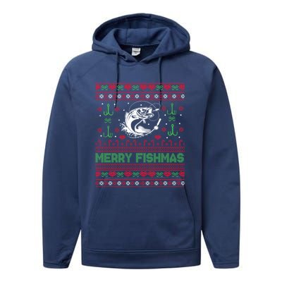 Ugly Fishing Christmas Bass Fish Merry Fishmas Funny Gift Performance Fleece Hoodie