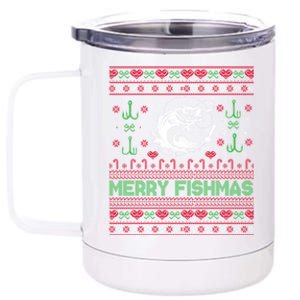 Ugly Fishing Christmas Bass Fish Merry Fishmas Funny Gift 12 oz Stainless Steel Tumbler Cup