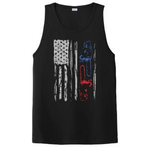 US FLAG CHAINSAW Lumberjack Logger Lumber Gift Tee PosiCharge Competitor Tank