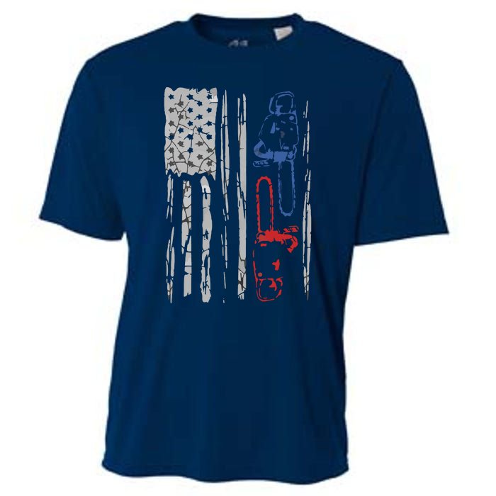 US FLAG CHAINSAW Lumberjack Logger Lumber Gift Tee Cooling Performance Crew T-Shirt