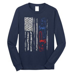 US FLAG CHAINSAW Lumberjack Logger Lumber Gift Tee Long Sleeve Shirt