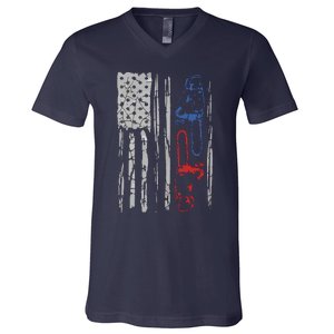 US FLAG CHAINSAW Lumberjack Logger Lumber Gift Tee V-Neck T-Shirt