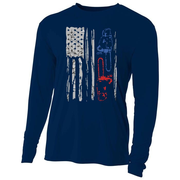 US FLAG CHAINSAW Lumberjack Logger Lumber Gift Tee Cooling Performance Long Sleeve Crew