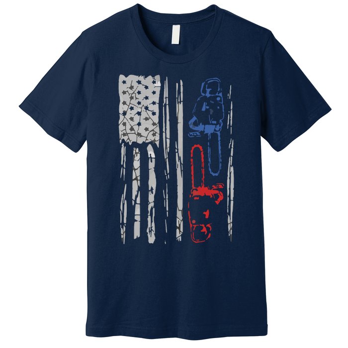 US FLAG CHAINSAW Lumberjack Logger Lumber Gift Tee Premium T-Shirt