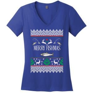 Ugly Fishing Christmas Bass Fish Merry Fishmas Funny Gift Women's V-Neck T-Shirt