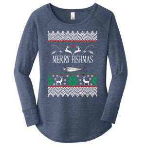 Ugly Fishing Christmas Bass Fish Merry Fishmas Funny Gift Women's Perfect Tri Tunic Long Sleeve Shirt