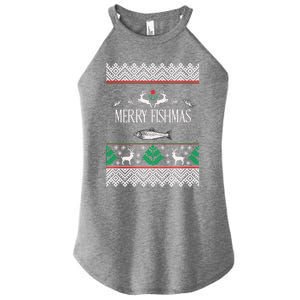 Ugly Fishing Christmas Bass Fish Merry Fishmas Funny Gift Women's Perfect Tri Rocker Tank