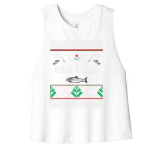 Ugly Fishing Christmas Bass Fish Merry Fishmas Funny Gift Women's Racerback Cropped Tank