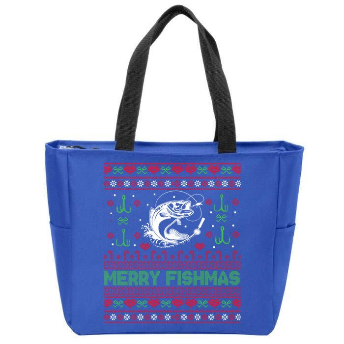 Ugly Fishing Christmas Bass Fish Merry Fishmas Funny Gift Zip Tote Bag