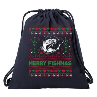 Ugly Fishing Christmas Bass Fish Merry Fishmas Funny Gift Drawstring Bag