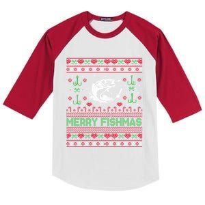 Ugly Fishing Christmas Bass Fish Merry Fishmas Funny Gift Kids Colorblock Raglan Jersey