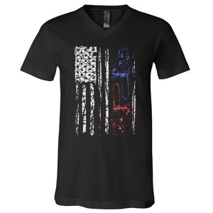 US FLAG CHAINSAW Lumberjack Logger Lumber Gift V-Neck T-Shirt