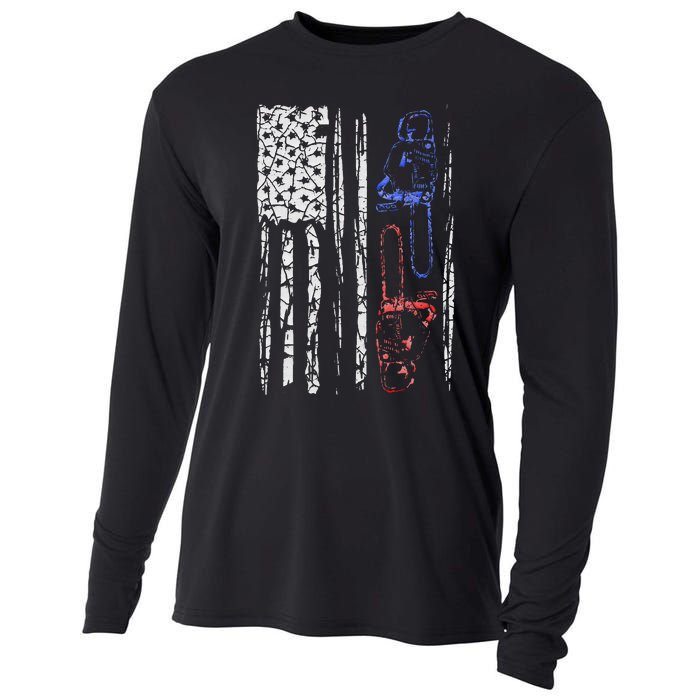 US FLAG CHAINSAW Lumberjack Logger Lumber Gift Cooling Performance Long Sleeve Crew