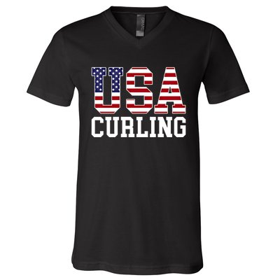 Usa Flag Curler American Curling Gift V-Neck T-Shirt