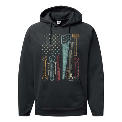 Usa Flag Carpenter And Builder Tools Performance Fleece Hoodie