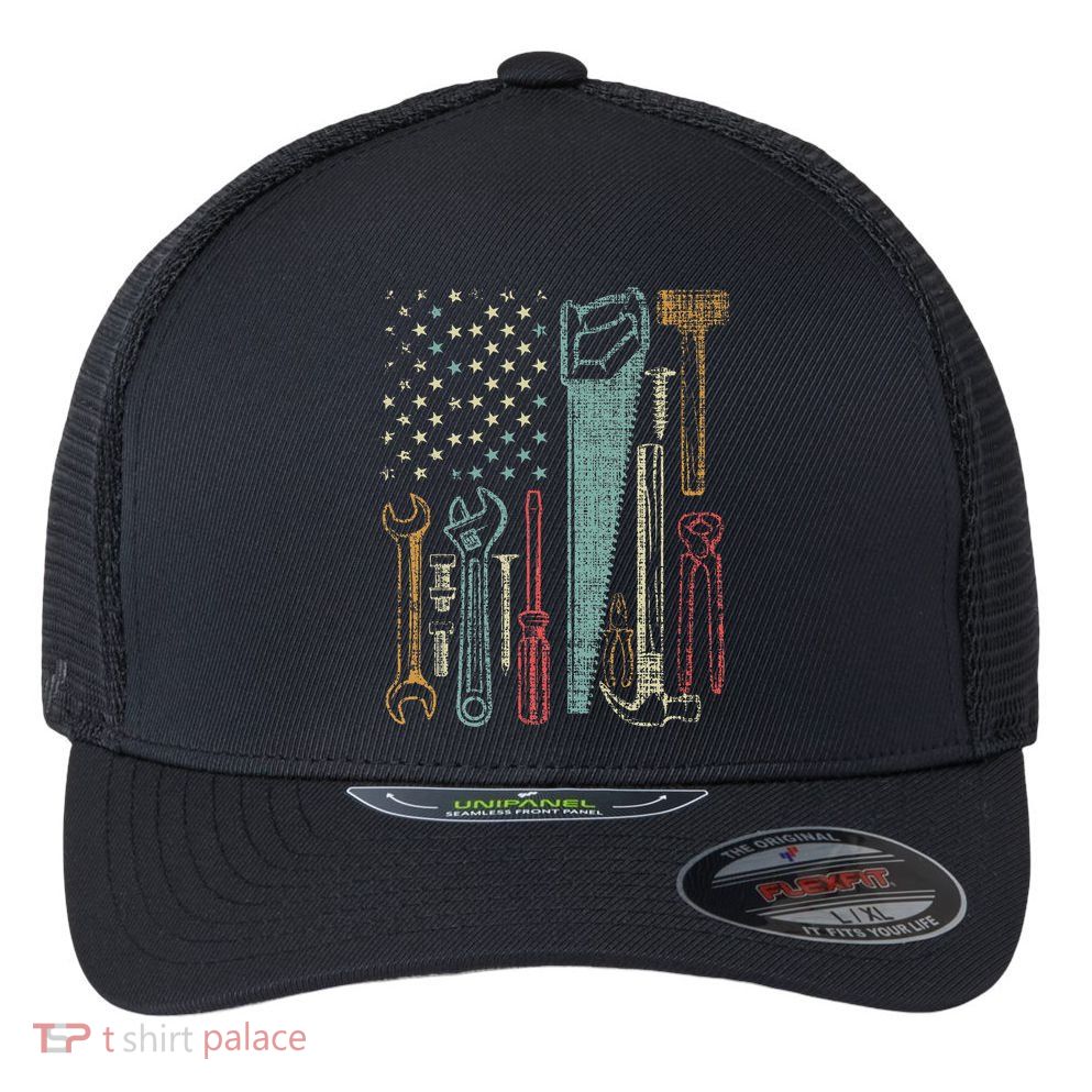 Usa Flag Carpenter And Builder Tools Flexfit Unipanel Trucker Cap