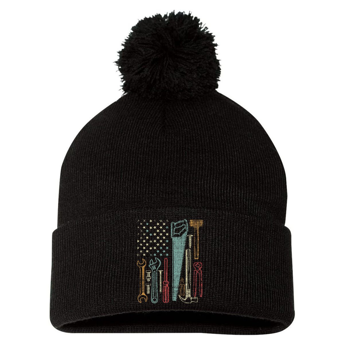 Usa Flag Carpenter And Builder Tools Pom Pom 12in Knit Beanie
