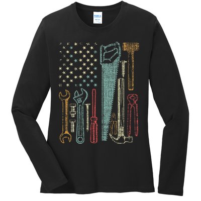 Usa Flag Carpenter And Builder Tools Ladies Long Sleeve Shirt