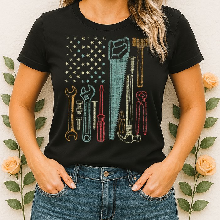 Usa Flag Carpenter And Builder Tools Womens T-Shirt