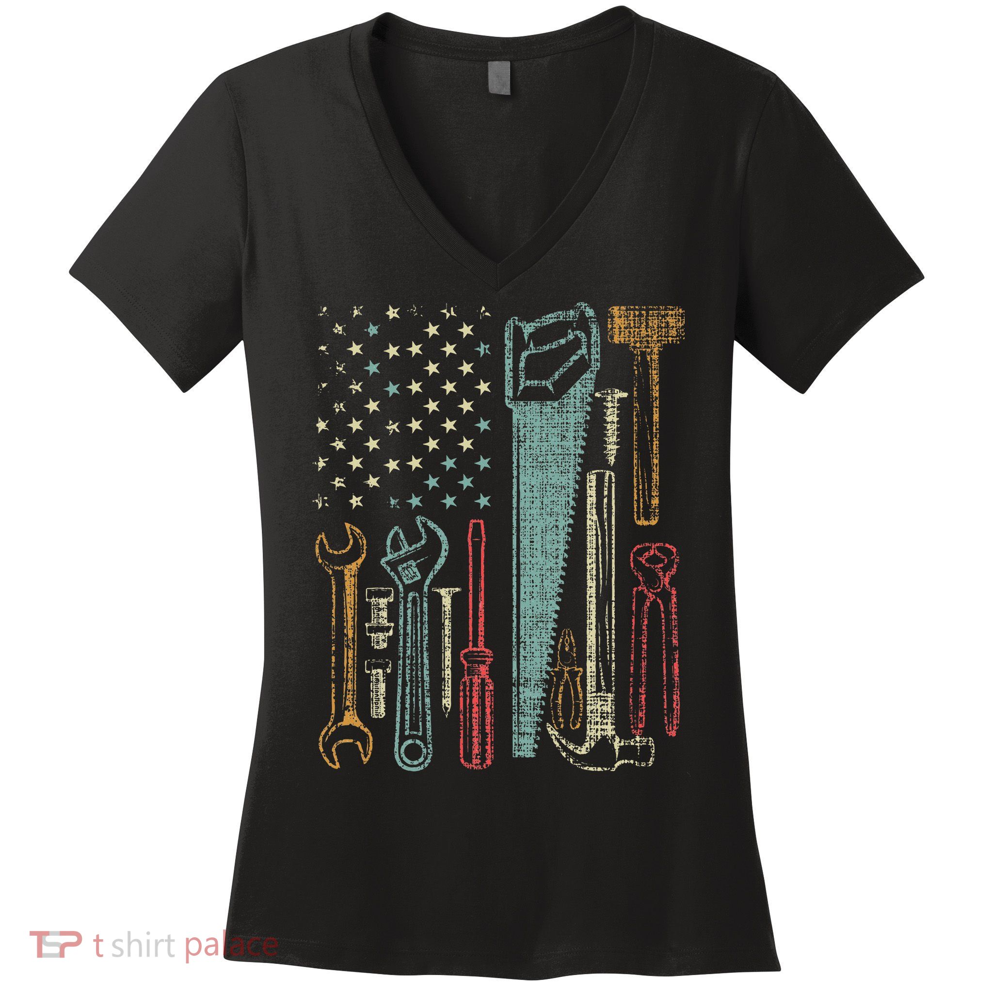 Usa Flag Carpenter And Builder Tools Women's V-Neck T-Shirt