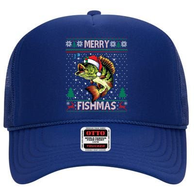 Ugly Fishing Christmas Bass Fish Merry Fishmas Cool Gift High Crown Mesh Back Trucker Hat