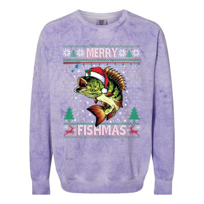 Ugly Fishing Christmas Bass Fish Merry Fishmas Gift Colorblast Crewneck Sweatshirt