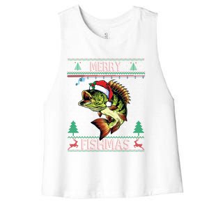 Ugly Fishing Christmas Bass Fish Merry Fishmas Gift Women's Racerback Cropped Tank