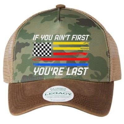 Us Flag Car Racing If You AinT First YouRe Last Legacy Tie Dye Trucker Hat
