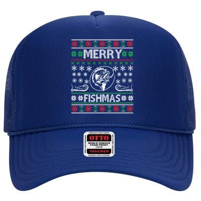 Ugly Fishing Christmas Bass Fish Merry Fishmas Gift High Crown Mesh Back Trucker Hat