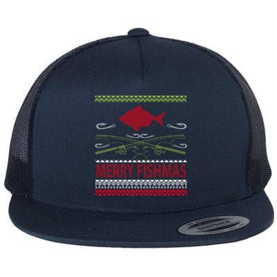 Ugly Fishing Christmas Bass Fish Merry Fishmas Great Gift Flat Bill Trucker Hat