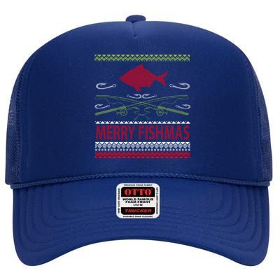 Ugly Fishing Christmas Bass Fish Merry Fishmas Great Gift High Crown Mesh Back Trucker Hat