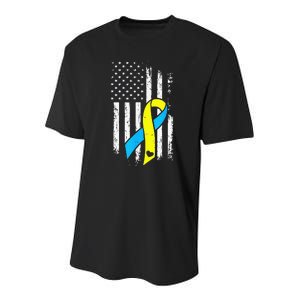 USA Flag Down Syndrome Ribbon Trisomy 21 American Youth Performance Sprint T-Shirt