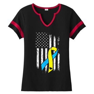 USA Flag Down Syndrome Ribbon Trisomy 21 American Ladies Halftime Notch Neck Tee