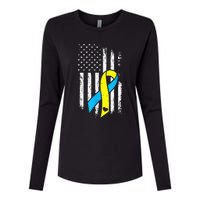 USA Flag Down Syndrome Ribbon Trisomy 21 American Womens Cotton Relaxed Long Sleeve T-Shirt