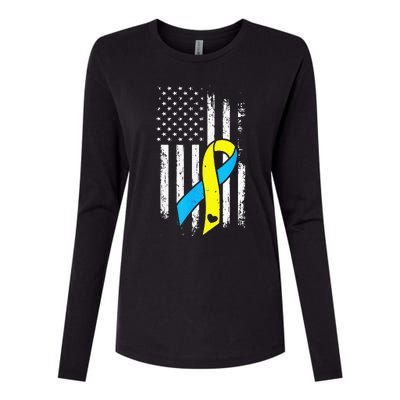 USA Flag Down Syndrome Ribbon Trisomy 21 American Womens Cotton Relaxed Long Sleeve T-Shirt