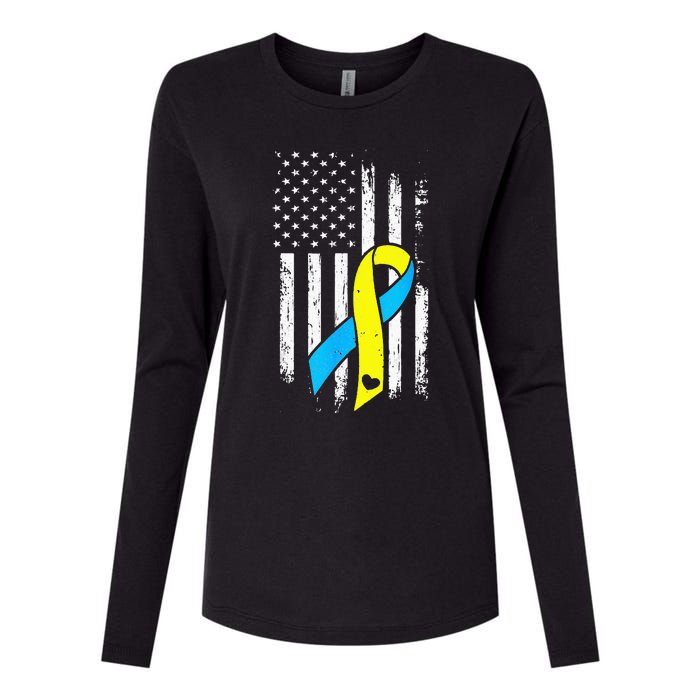 USA Flag Down Syndrome Ribbon Trisomy 21 American Womens Cotton Relaxed Long Sleeve T-Shirt