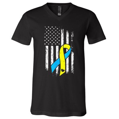 USA Flag Down Syndrome Ribbon Trisomy 21 American V-Neck T-Shirt