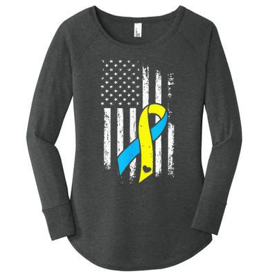 USA Flag Down Syndrome Ribbon Trisomy 21 American Women's Perfect Tri Tunic Long Sleeve Shirt