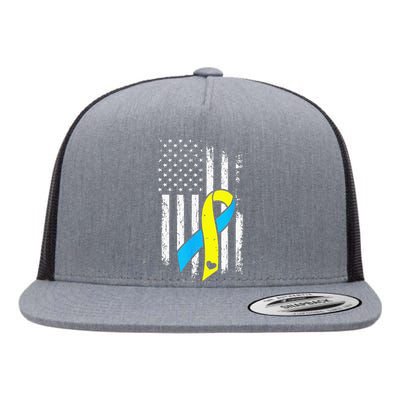 USA Flag Down Syndrome Ribbon Trisomy 21 American Flat Bill Trucker Hat