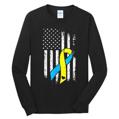 USA Flag Down Syndrome Ribbon Trisomy 21 American Tall Long Sleeve T-Shirt