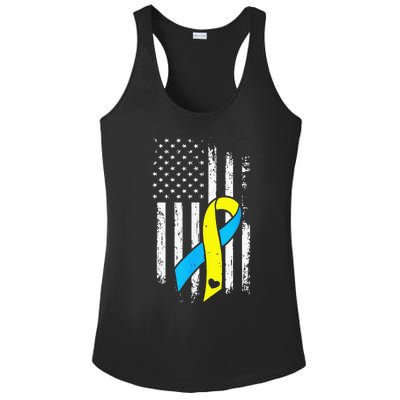 USA Flag Down Syndrome Ribbon Trisomy 21 American Ladies PosiCharge Competitor Racerback Tank