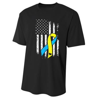 USA Flag Down Syndrome Ribbon Trisomy 21 American Performance Sprint T-Shirt